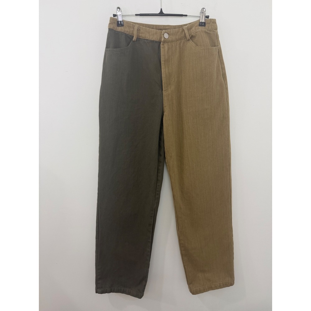 Le Lis Collection Two Tone Colorblock Pants Olive Tan High Rise Straight Leg S